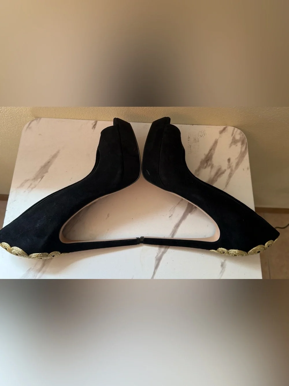 Brian Atwood Raja Black Suede Peep-Toe Platform, Gold Embellishment, EUC, Size 9